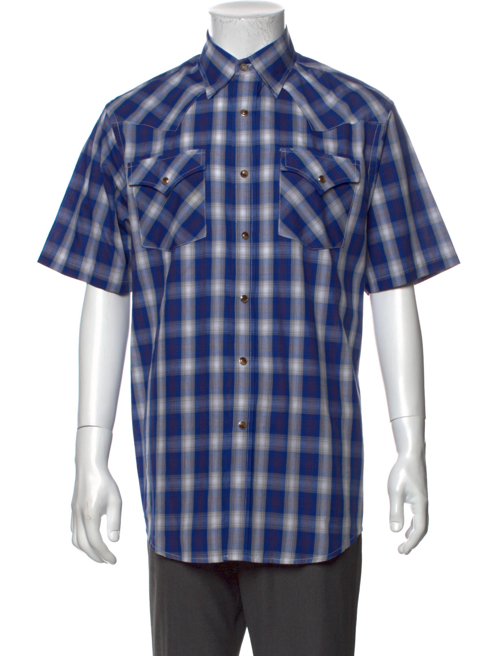 The RealReal,Pendleton, Pendleton Dark Blue Plaid Western Short Sleeve Button Up Shirt, Blue, Medium-45-TagM
