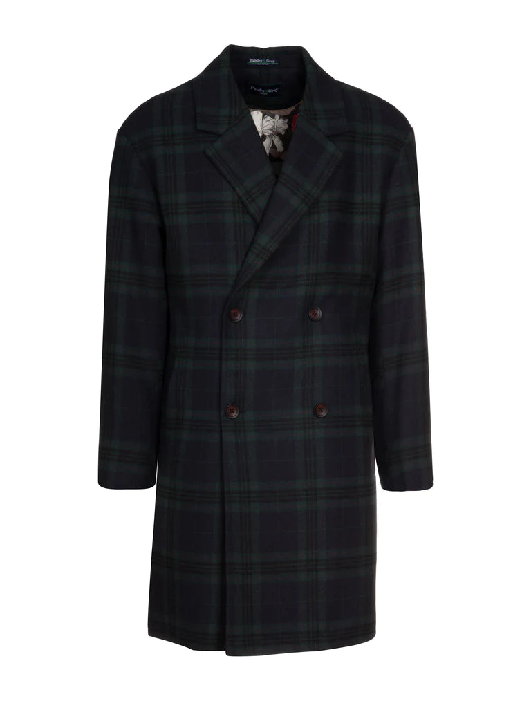 Paisley & Gray,Paisley & Gray, Paisley & Gray Plaid Navy & Green Double Breasted Long Overcoat, Blue, Large-48-TagL