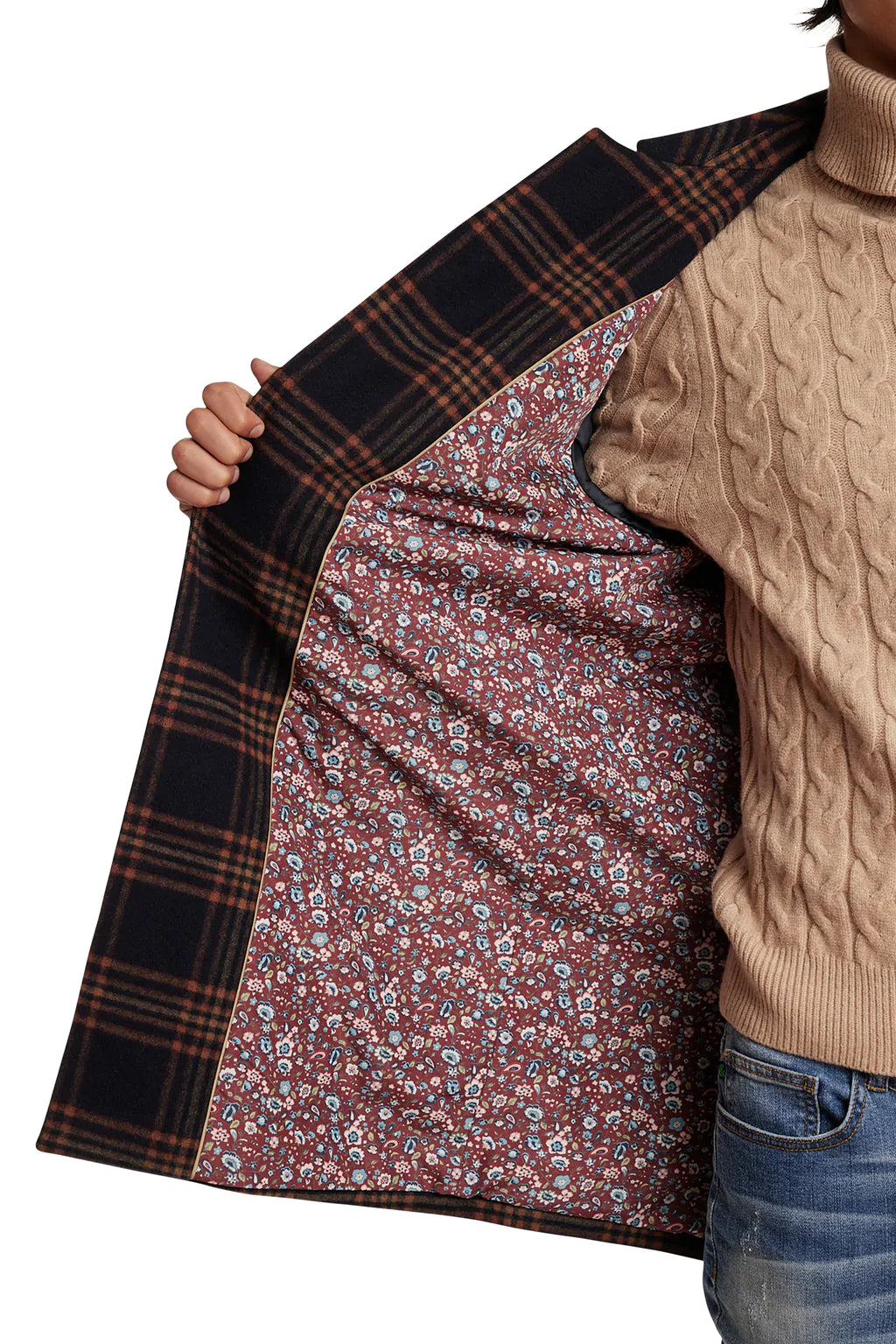 Paisley & Gray,Paisley & Gray, Paisley & Gray Navy & Orange Plaid Slim Fit Mid Length Coat, Blue, Medium-46-TagM