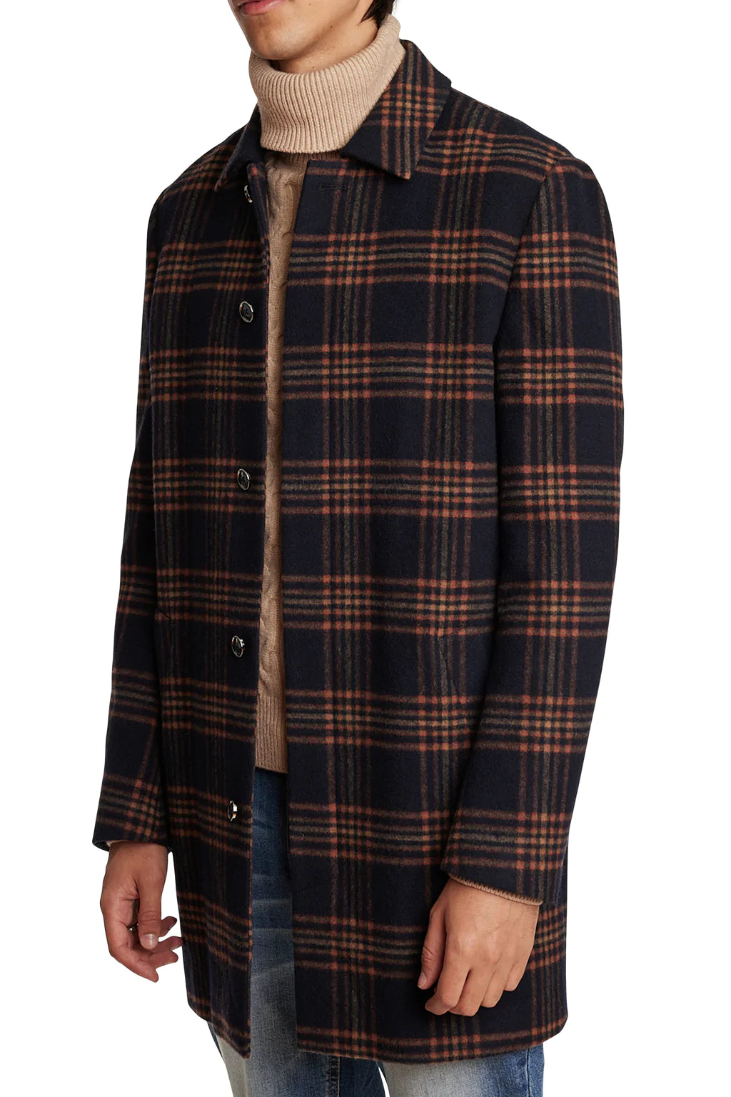 Paisley & Gray,Paisley & Gray, Paisley & Gray Navy & Orange Plaid Slim Fit Mid Length Coat, Blue, Extra Large-50-TagXL