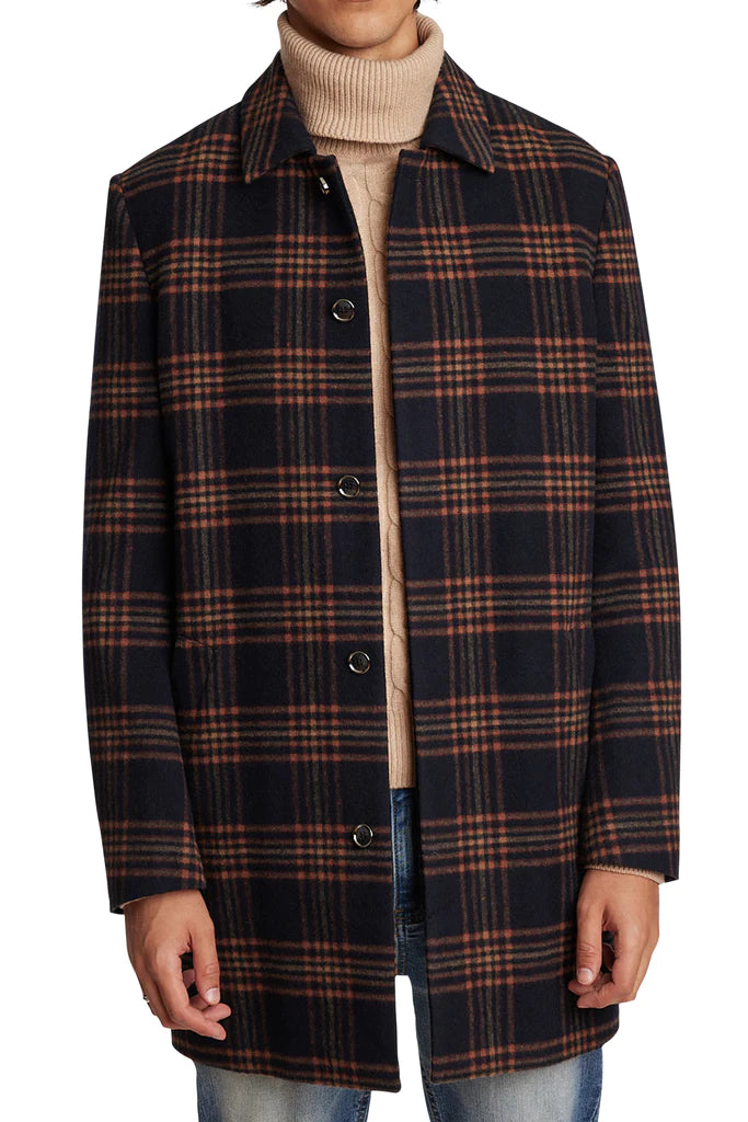 Paisley & Gray,Paisley & Gray, Paisley & Gray Navy & Orange Plaid Slim Fit Mid Length Coat, Blue, Large-48-TagL