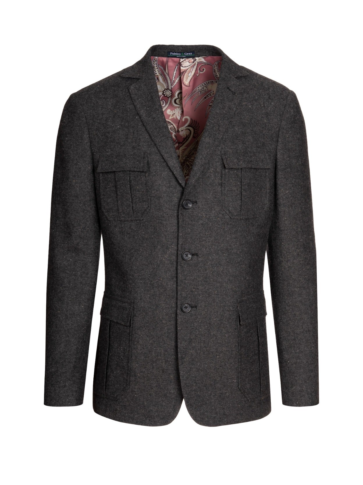 Paisley & Gray,Paisley & Gray, Paisley & Gray Slim Fit Military Charcoal Tweed Jacket, Red, Medium-43-TagM