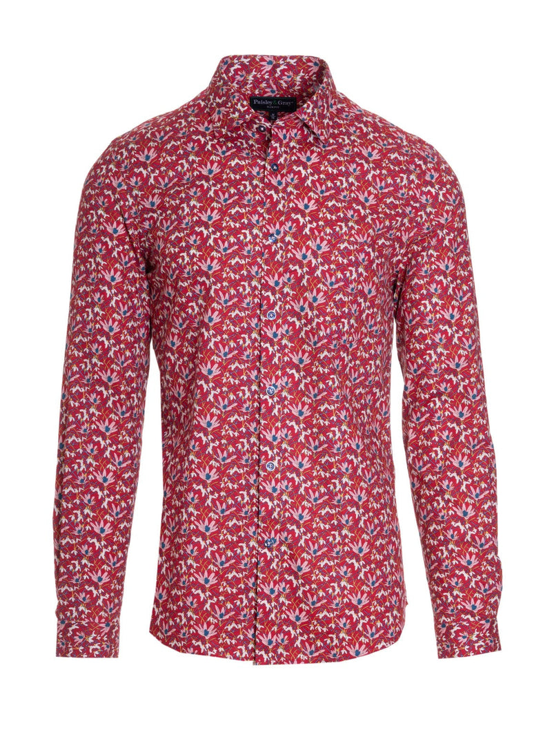 Paisley & Gray Pink Daisy Print Red Button Up Shirt