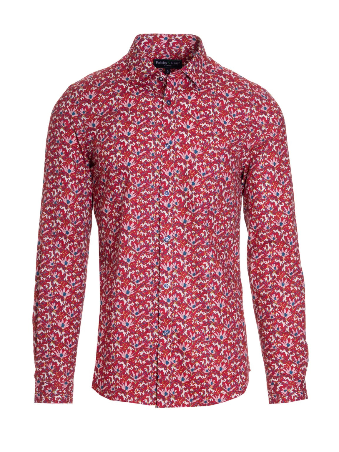 Paisley & Gray,Paisley & Gray, Paisley & Gray Pink Daisy Print Red Button Up Shirt, Red, Medium-42-TagL