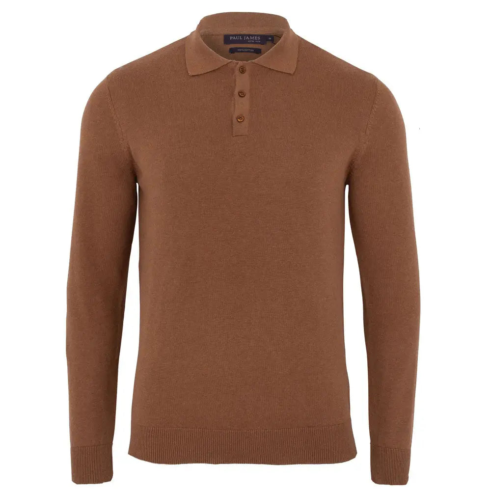 Faire,Paul James, Paul James Caramel Brown Knit Button Up Longsleeve Polo, Brown, Small-39-TagS