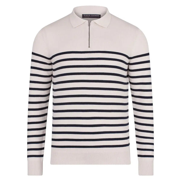 Paul James Cream Breton Stripe Collared Zip Polo Sweater
