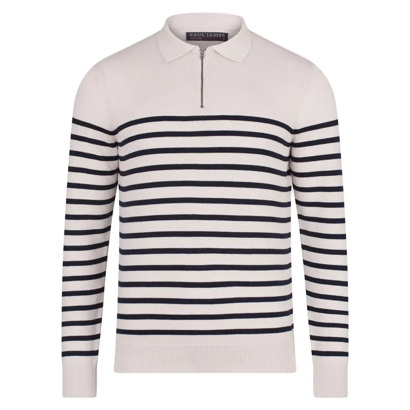 Paul James Cream Breton Stripe Collared Zip Polo Sweater