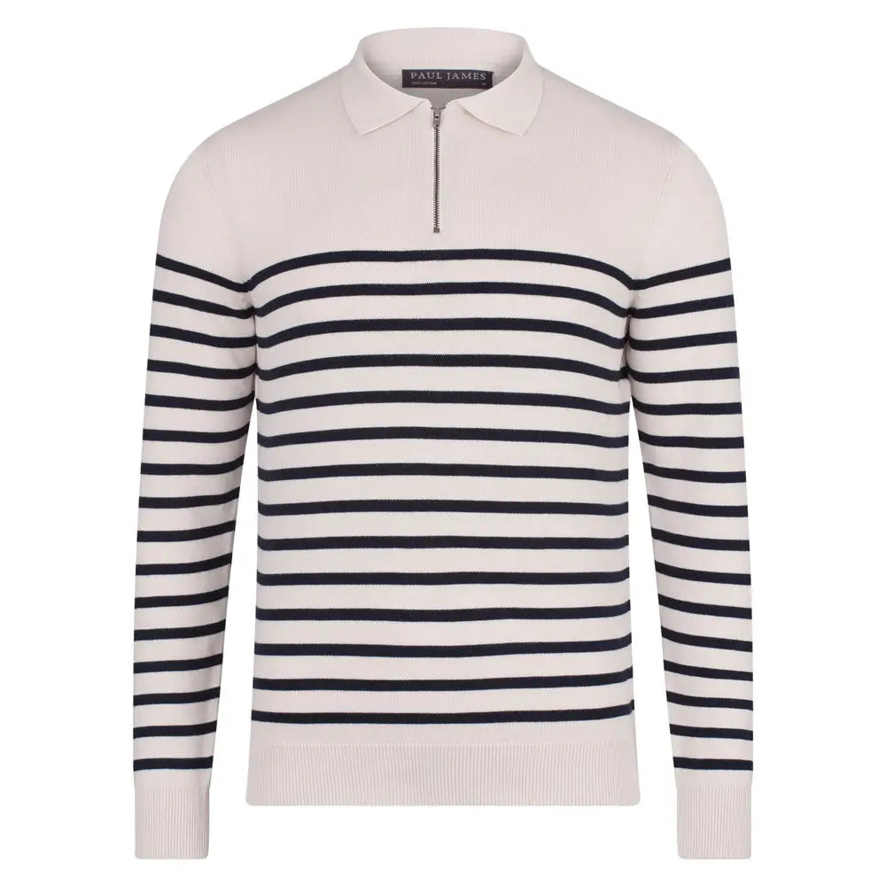 Faire,Paul James, Paul James Cream Breton Stripe Collared Zip Polo Sweater, Cream, Medium-40-TagM