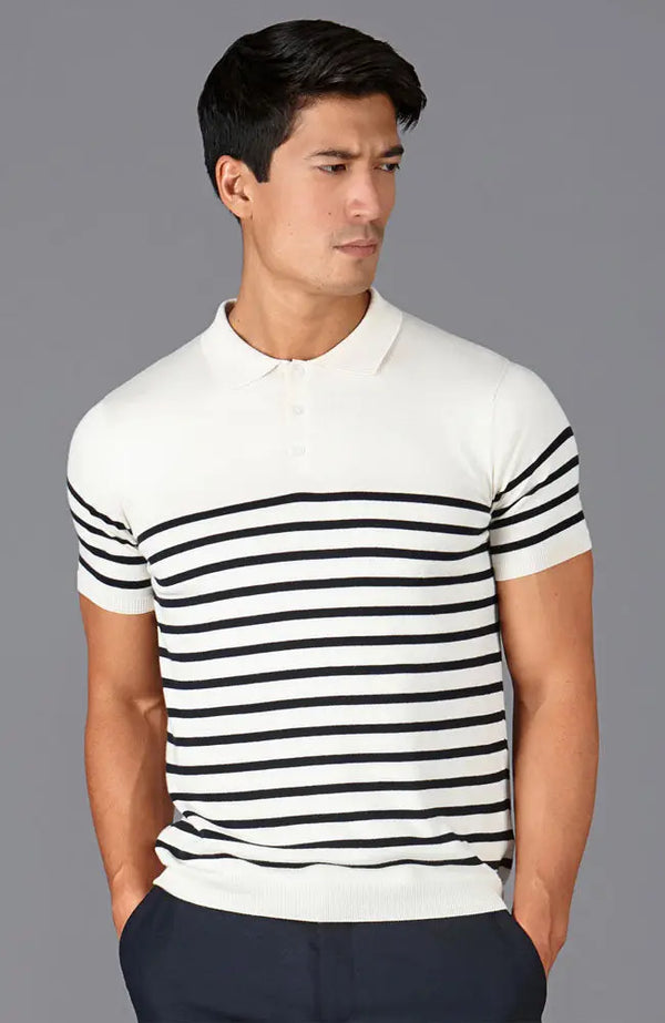 Paul James Cream & Navy Breton Striped Shortsleeve Polo