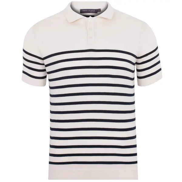 Paul James Cream & Navy Breton Striped Shortsleeve Polo