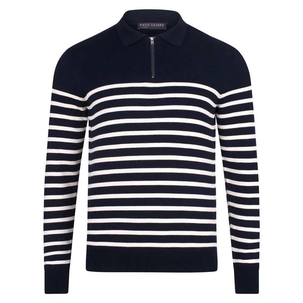Faire,Paul James, Paul James Navy Breton Stripe Collared Zip Polo Sweater, Blue, Large-44-TagL