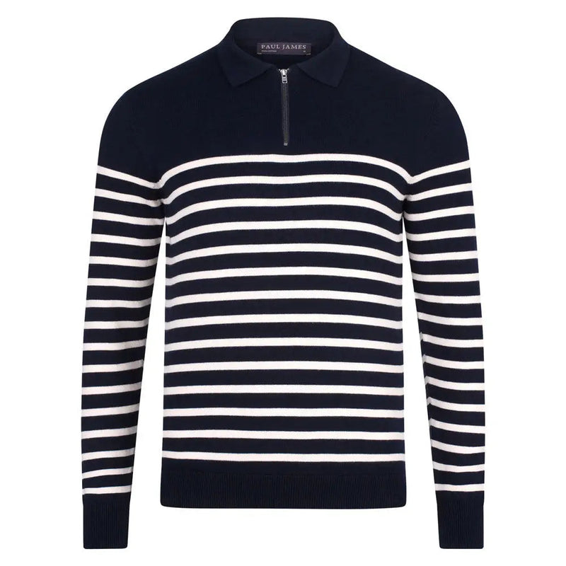 Paul James Navy Breton Stripe Collared Zip Polo Sweater