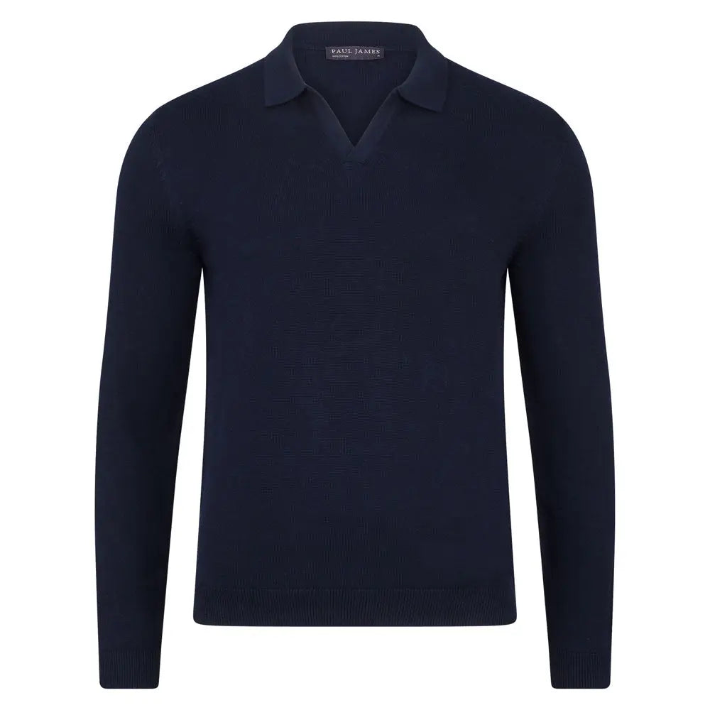 Faire,Paul James, Paul James Navy Buttonless Knit Longsleeve Polo, Blue, Medium-43-TagM
