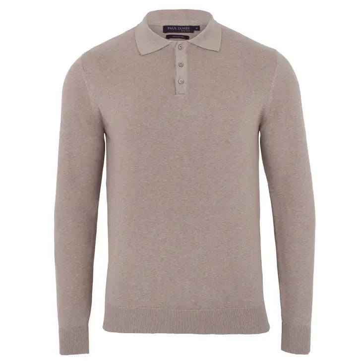 Faire,Paul James, Paul James Tan Knit Button Up Longsleeve Polo, Tan, Small-40-TagS