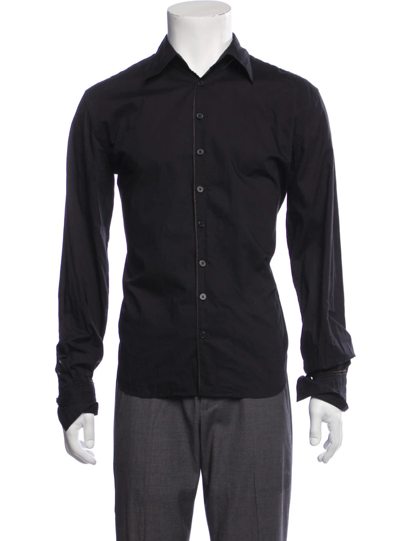 Paul Smith Black Solid Long Sleeve Button Up Shirt With Brown Contrast Stitching