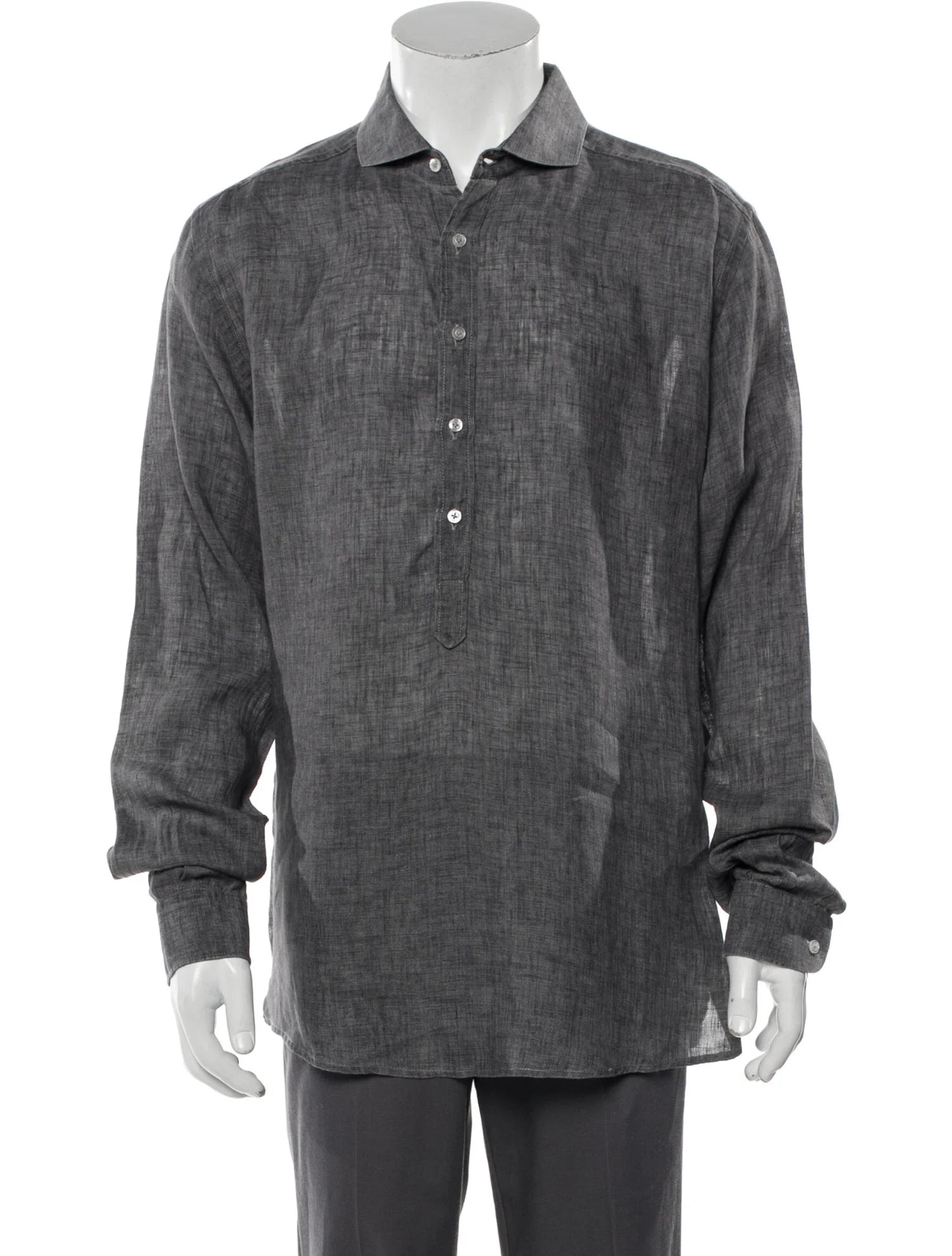 The RealReal,Phineas Cole, Phineas Cole Dark Grey Half Button Up Linen Shirt, Grey, Medium-44-TagL