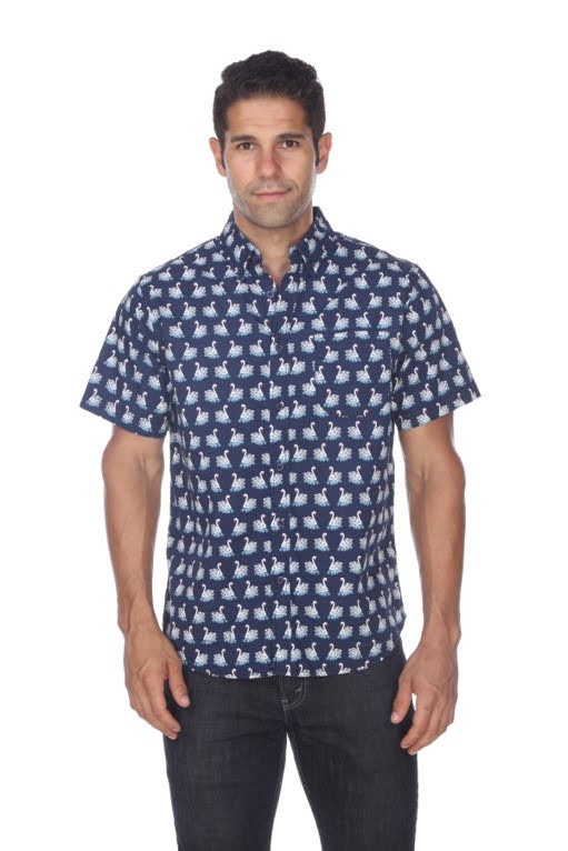 Brand Partner,Modern Liberation, Modern Liberation Navy Swan Print Shortsleeve Button Up Shirt, Blue, Medium-43-TagM
