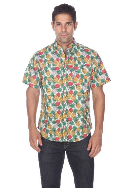 Modern Liberation White Ground Colorful Pineapple Print Button Up Shortsleeve Shirt