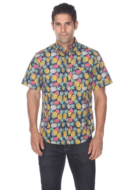 Brand Partner,Modern Liberation, Modern Liberation Navy Ground Colorful Pineapple Print Button Up Shortsleeve Shirt, Blue, Medium-42-TagM
