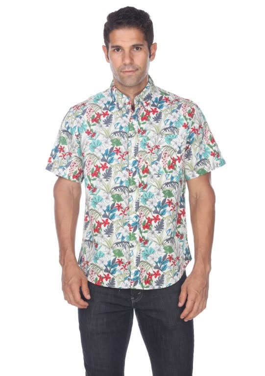 Modern Liberation White Ground Tropical Flower Print Button Up Shortsleeve Shirt