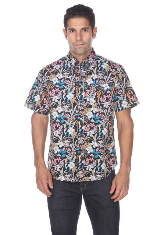 Brand Partner,Modern Liberation, Modern Liberation Black Ground Tropical Flower Print Button Up Shortsleeve Shirt, Black, Medium-43-TagM