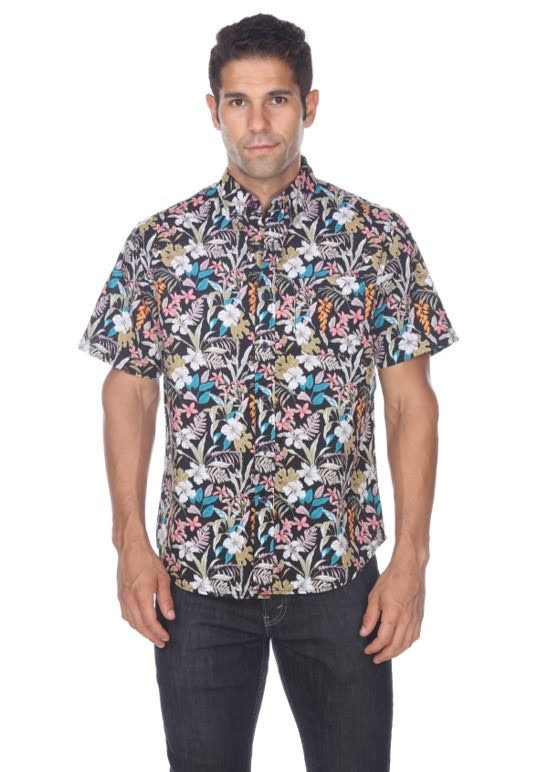 Modern Liberation Black Ground Tropical Flower Print Button Up Shortsleeve Shirt