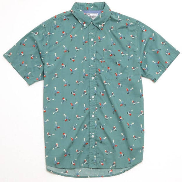 Modern Liberation Turqouise Bird Print Button Up Shortsleeve Shirt