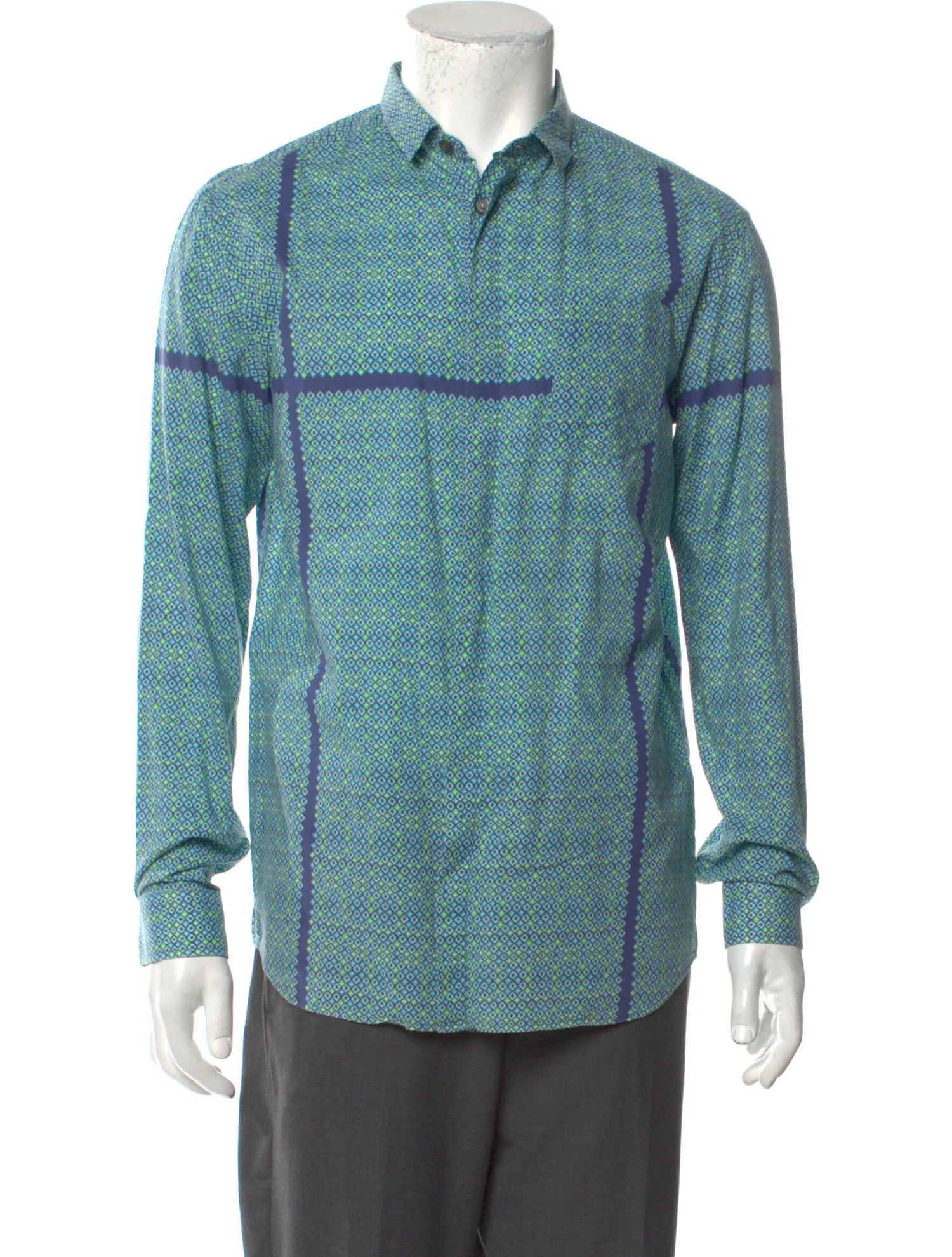 The RealReal,Pierre Blamain, Pierre Balmain Turquoise Abstract Printed Long Sleeve Button Up With Front Pocket, Blue, Small-41-TagS