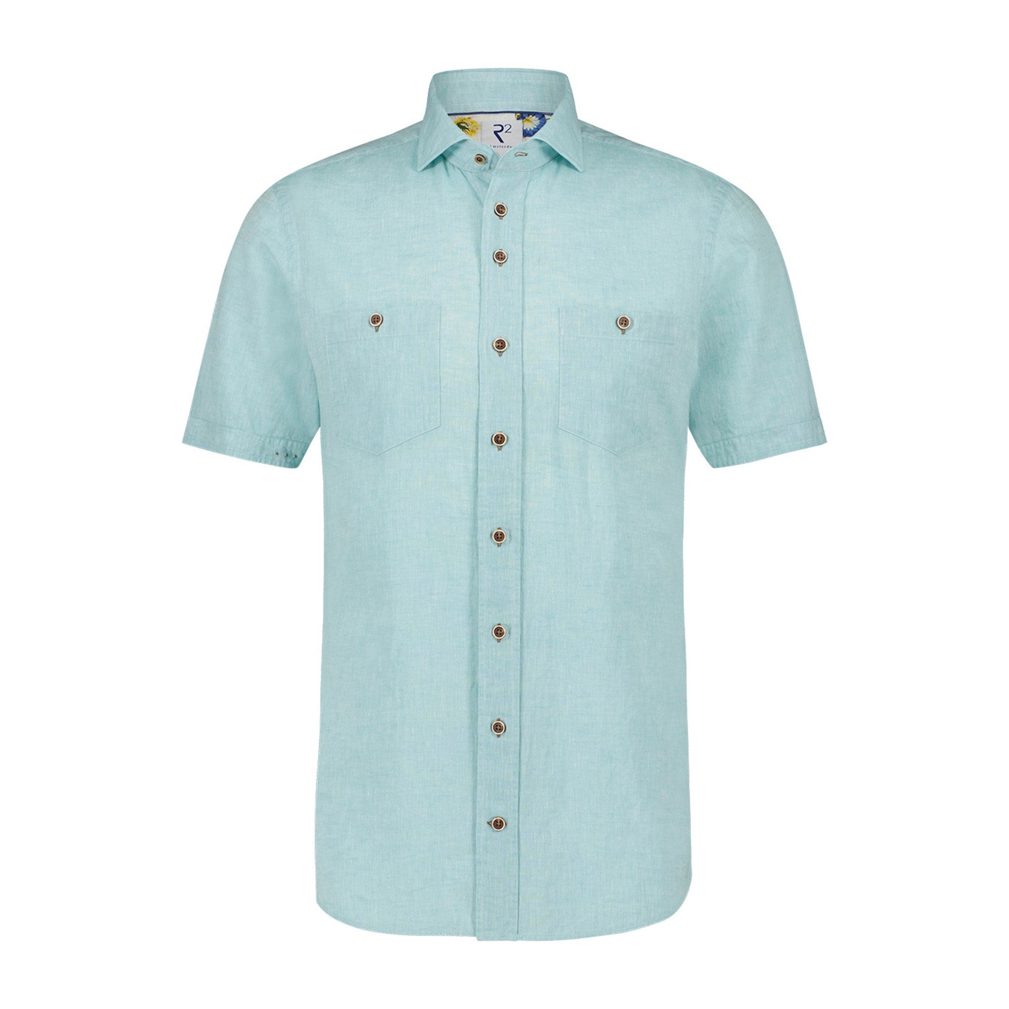 Brand Partner,R2 Amsterdam, R2 Amsterdam Aqua Green Linen Blend Short Sleeve Button Up Shirt, Green, Small-42-TagS