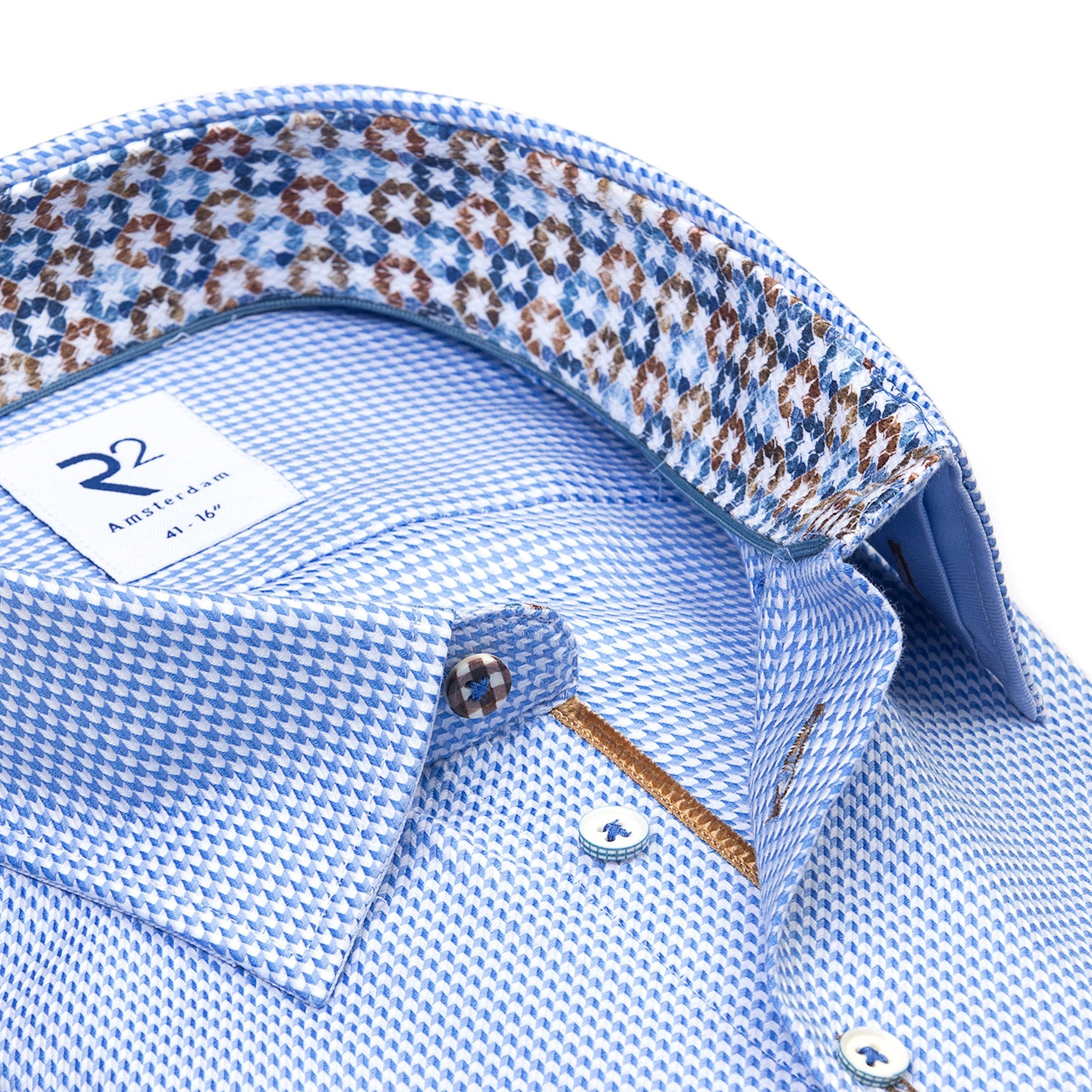 Brand Partner,R2 Amsterdam, R2 Amsterdam Blue And White Mini Geometric Arrow Print Long Sleeve Button Up Shirt, Blue, Medium-43-TagM