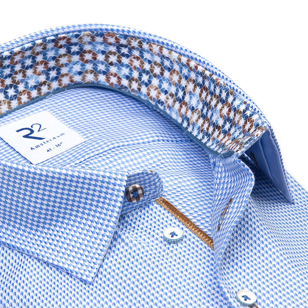 R2 Amsterdam Blue And White Mini Geometric Arrow Print Long Sleeve Button Up Shirt