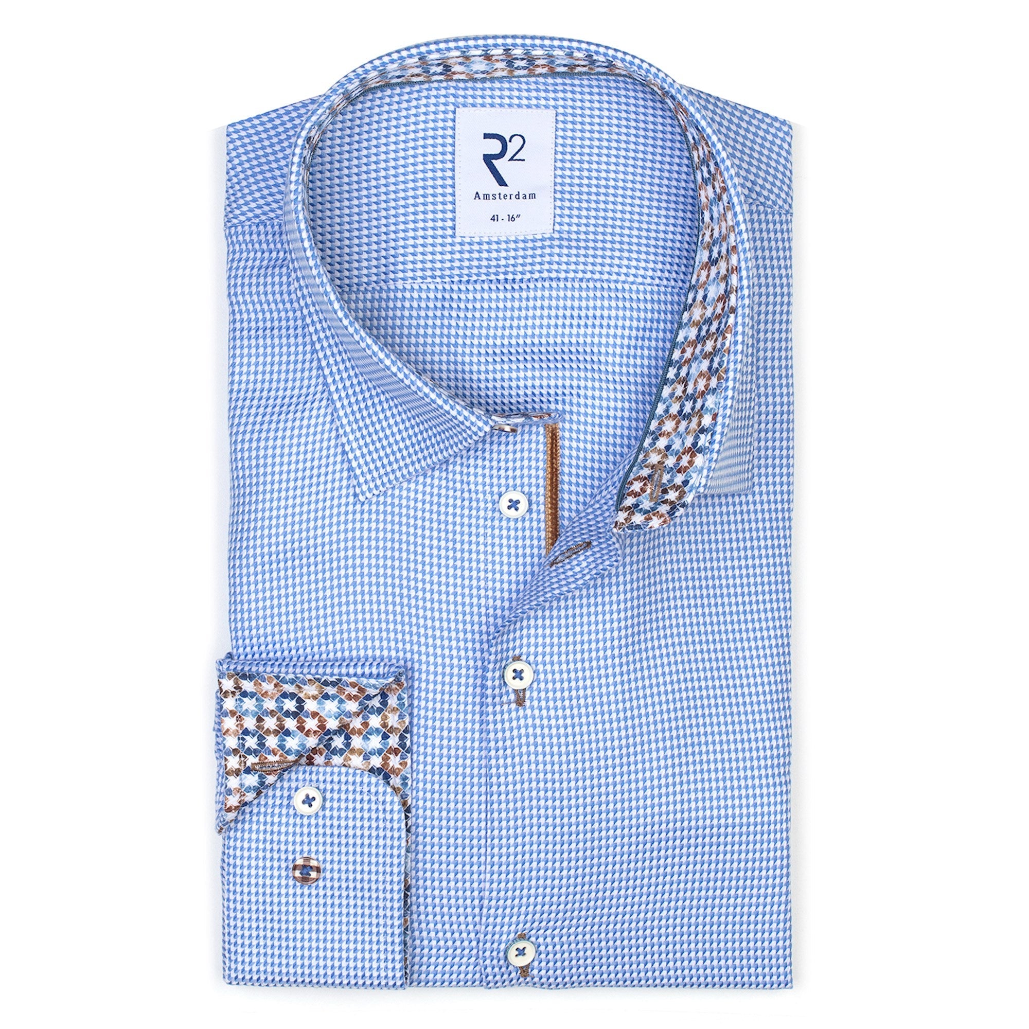 Brand Partner,R2 Amsterdam, R2 Amsterdam Blue And White Mini Geometric Arrow Print Long Sleeve Button Up Shirt, Blue, Medium-43-TagM