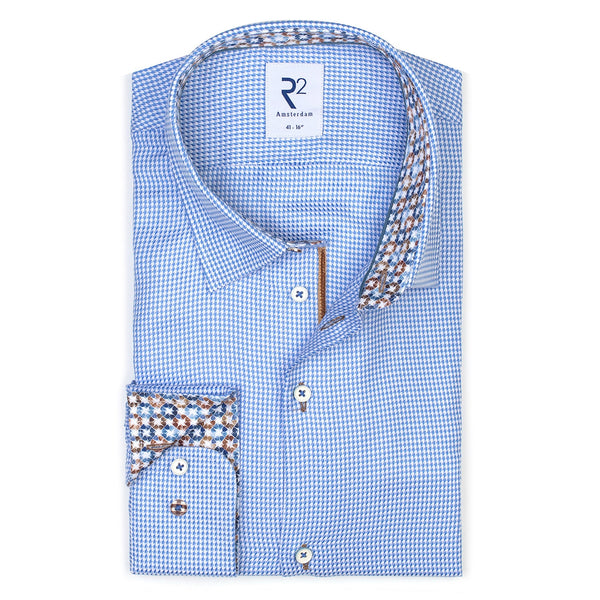 R2 Amsterdam Blue And White Mini Geometric Arrow Print Long Sleeve Button Up Shirt