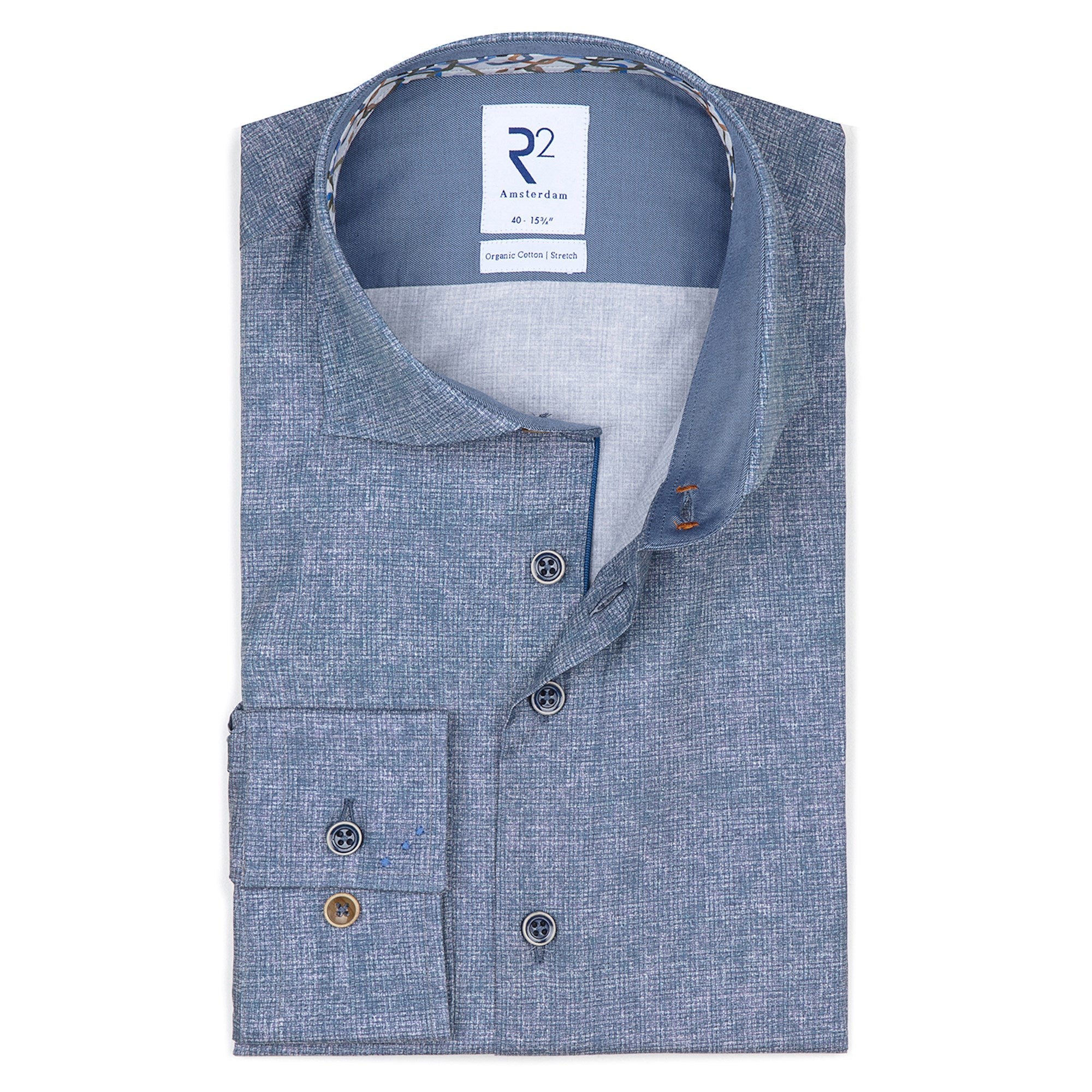 Brand Partner,R2 Amsterdam, R2 Amsterdam Blue Grey Crosshatch Print Long Sleeve Button Up Shirt, Blue, Medium-44-TagM