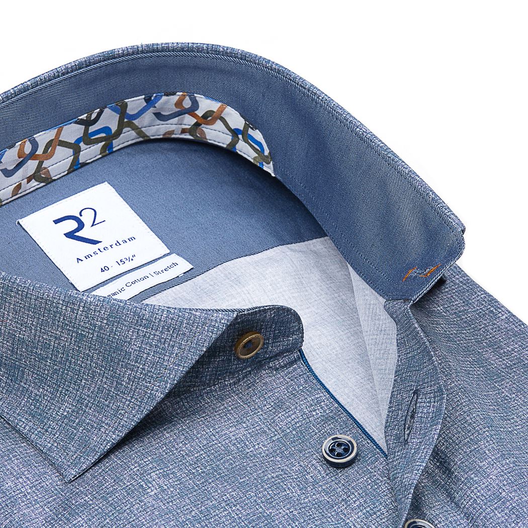Brand Partner,R2 Amsterdam, R2 Amsterdam Blue Grey Crosshatch Print Long Sleeve Button Up Shirt, Blue, Medium-44-TagM