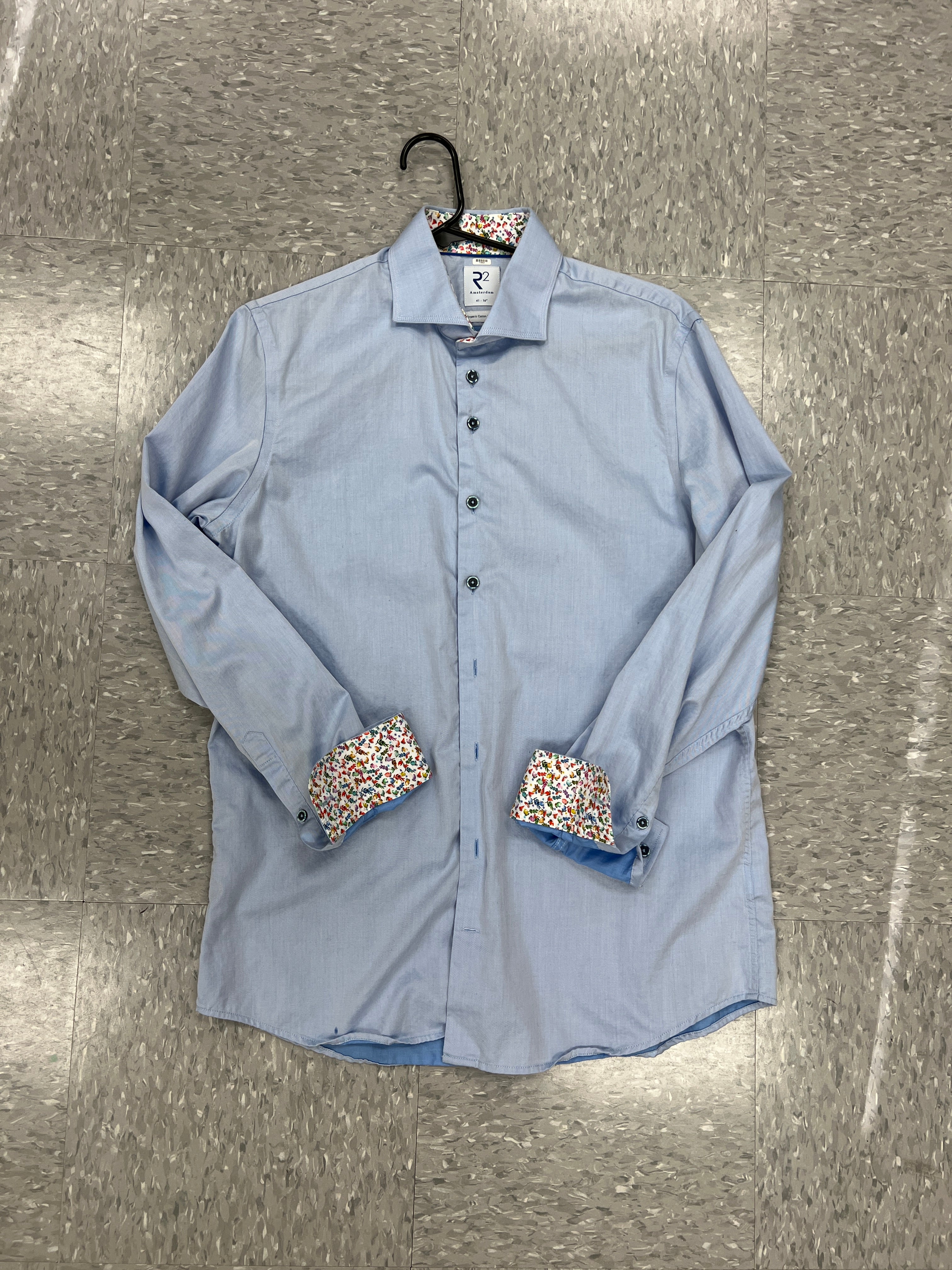 Brand Partner,R2 Amsterdam, R2 Amsterdam Blue Solid w/ Fruit Print Collar and Cuff Button Up, Blue, Medium-44-TagM