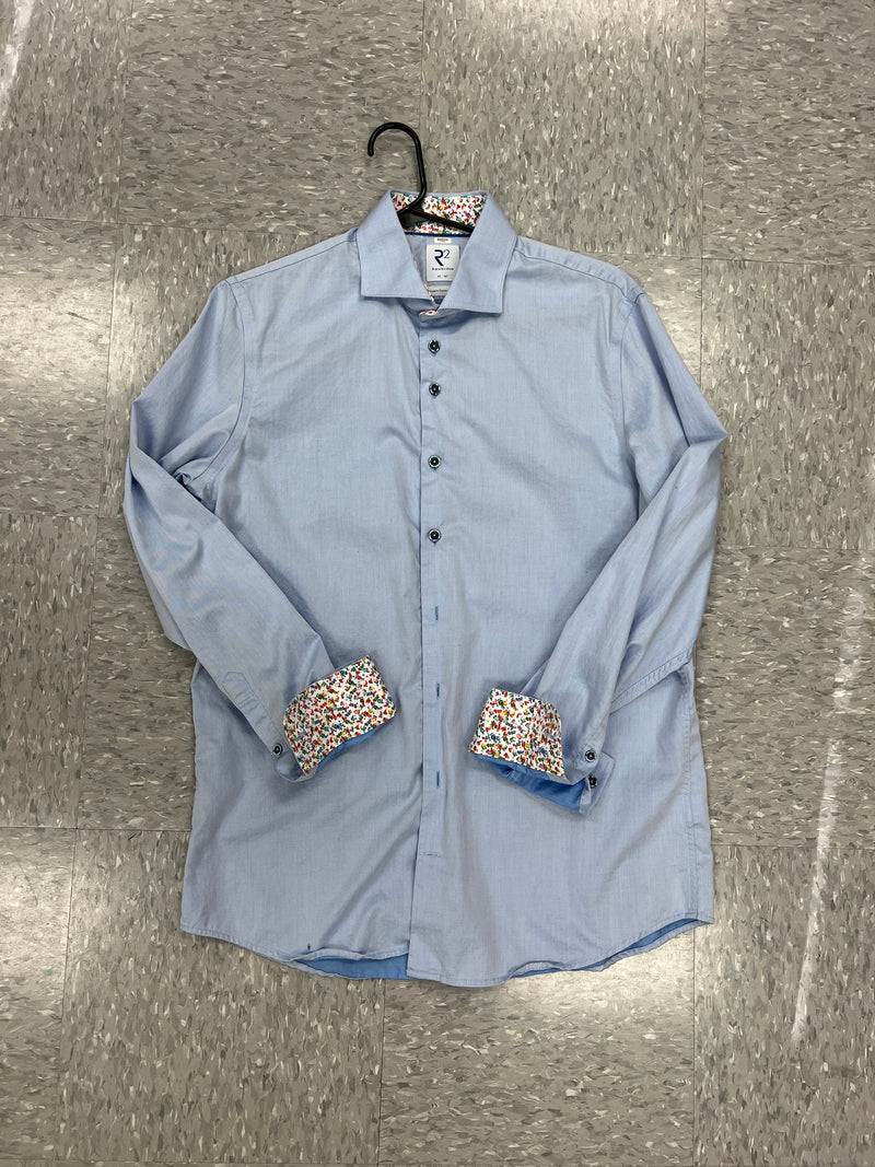 R2 Amsterdam Blue Solid w/ Fruit Print Collar and Cuff Button Up