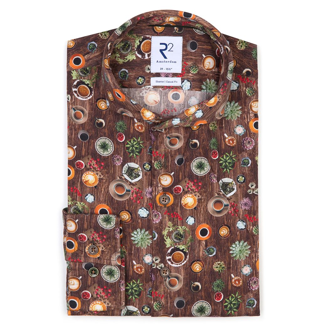 Brand Partner,R2 Amsterdam, R2 Amsterdam Brown With Coffee Mug & Wood Print Long Sleeve Button Up Shirt, Brown, Small-42-TagS