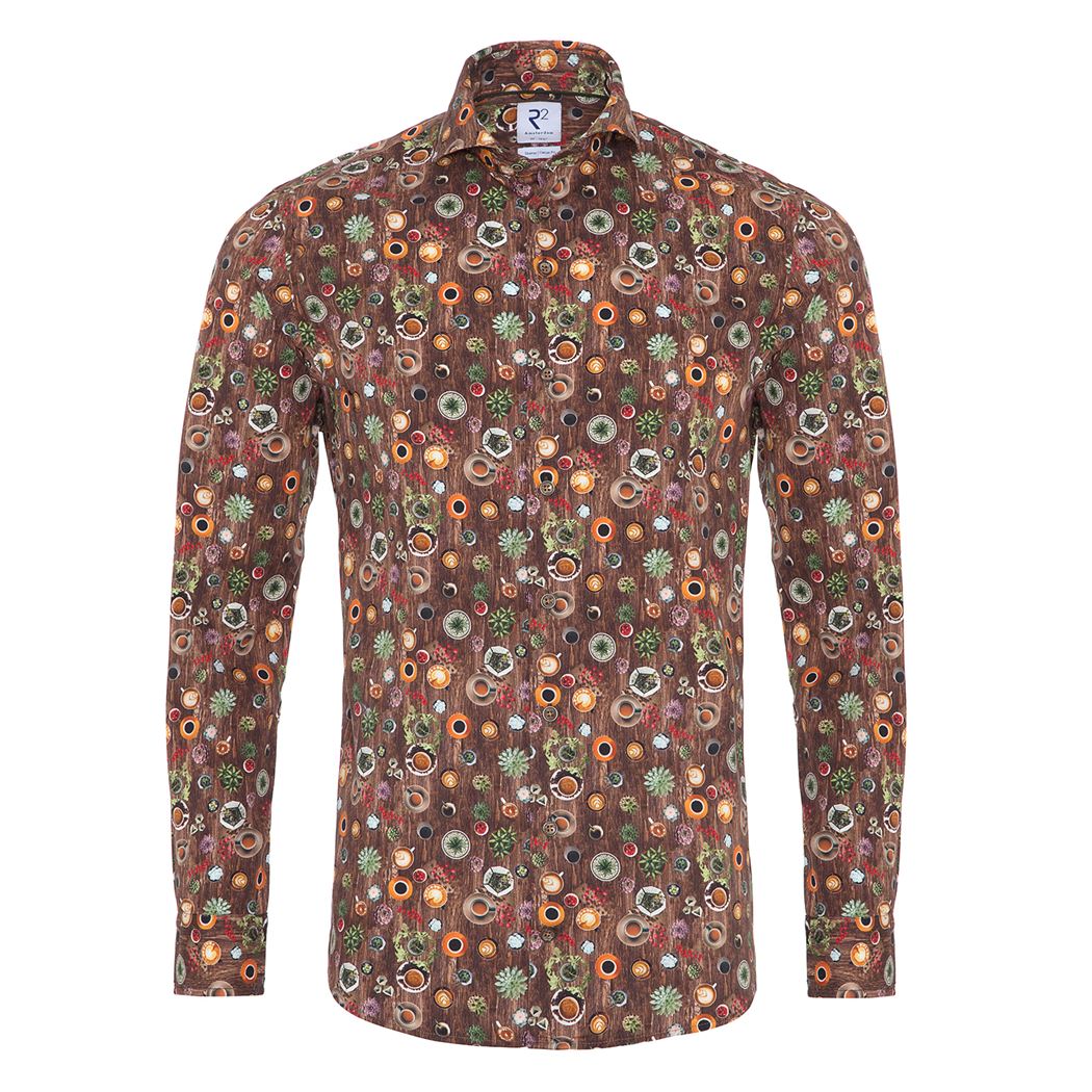 Brand Partner,R2 Amsterdam, R2 Amsterdam Brown With Coffee Mug & Wood Print Long Sleeve Button Up Shirt, Brown, Small-42-TagS