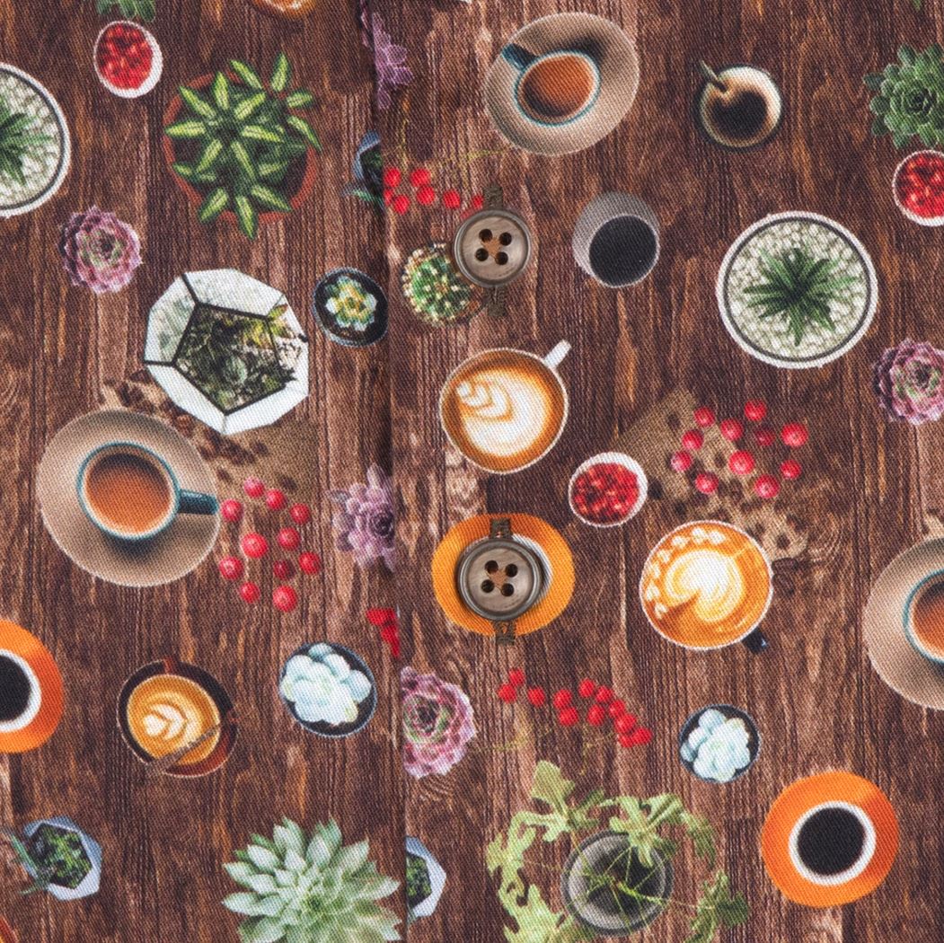 Brand Partner,R2 Amsterdam, R2 Amsterdam Brown With Coffee Mug & Wood Print Long Sleeve Button Up Shirt, Brown, Small-42-TagS