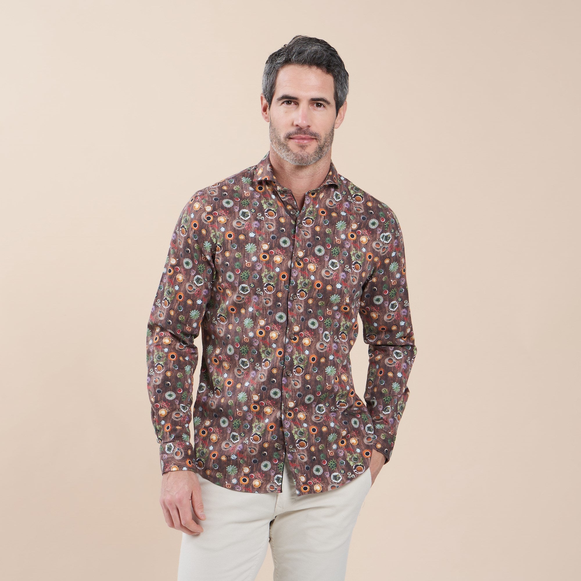 Brand Partner,R2 Amsterdam, R2 Amsterdam Brown With Coffee Mug & Wood Print Long Sleeve Button Up Shirt, Brown, Small-42-TagS