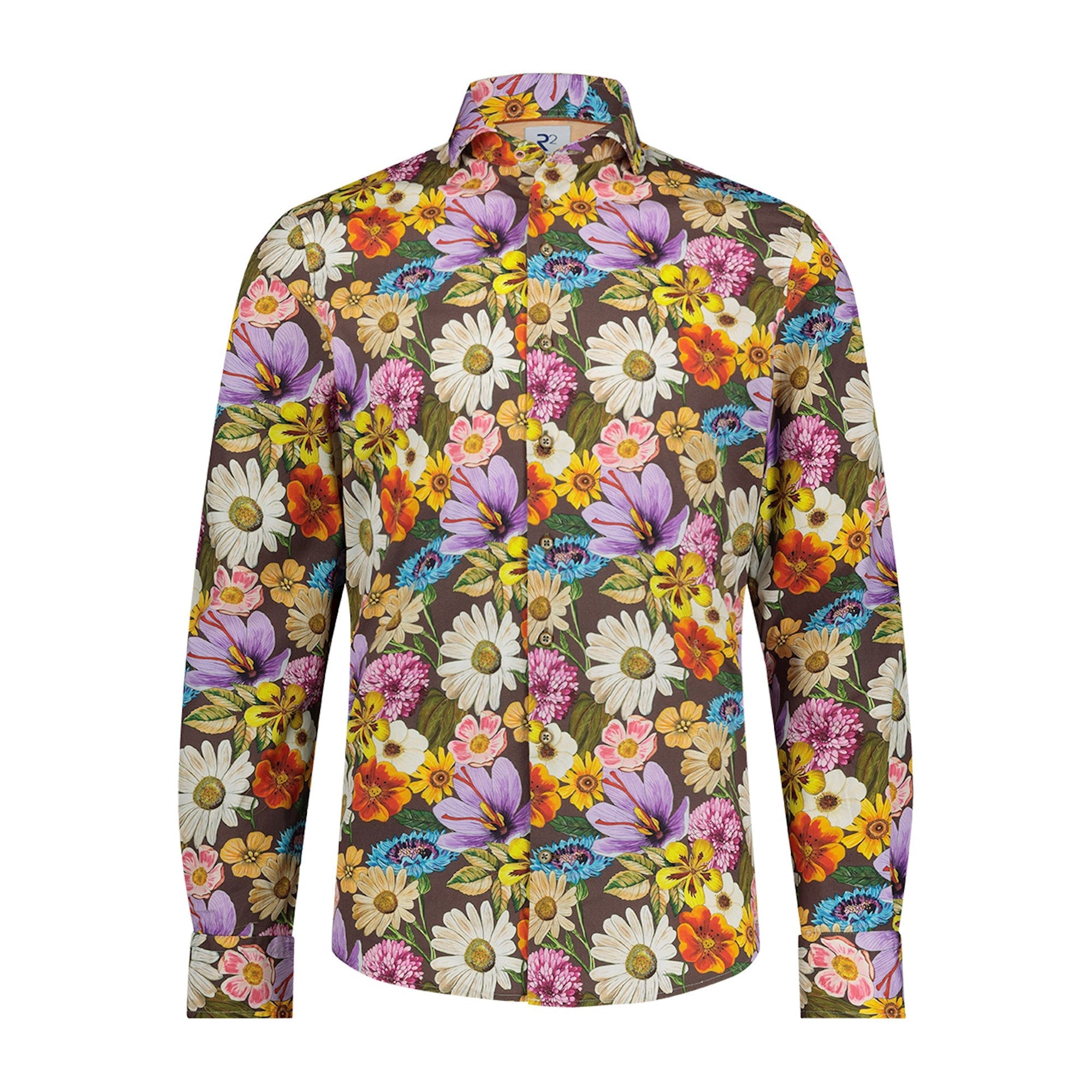 Brand Partner,R2 Amsterdam, R2 Amsterdam Brown With Colorful Flower Print Long Sleeve Button Up Shirt, Brown, Small-42-TagS