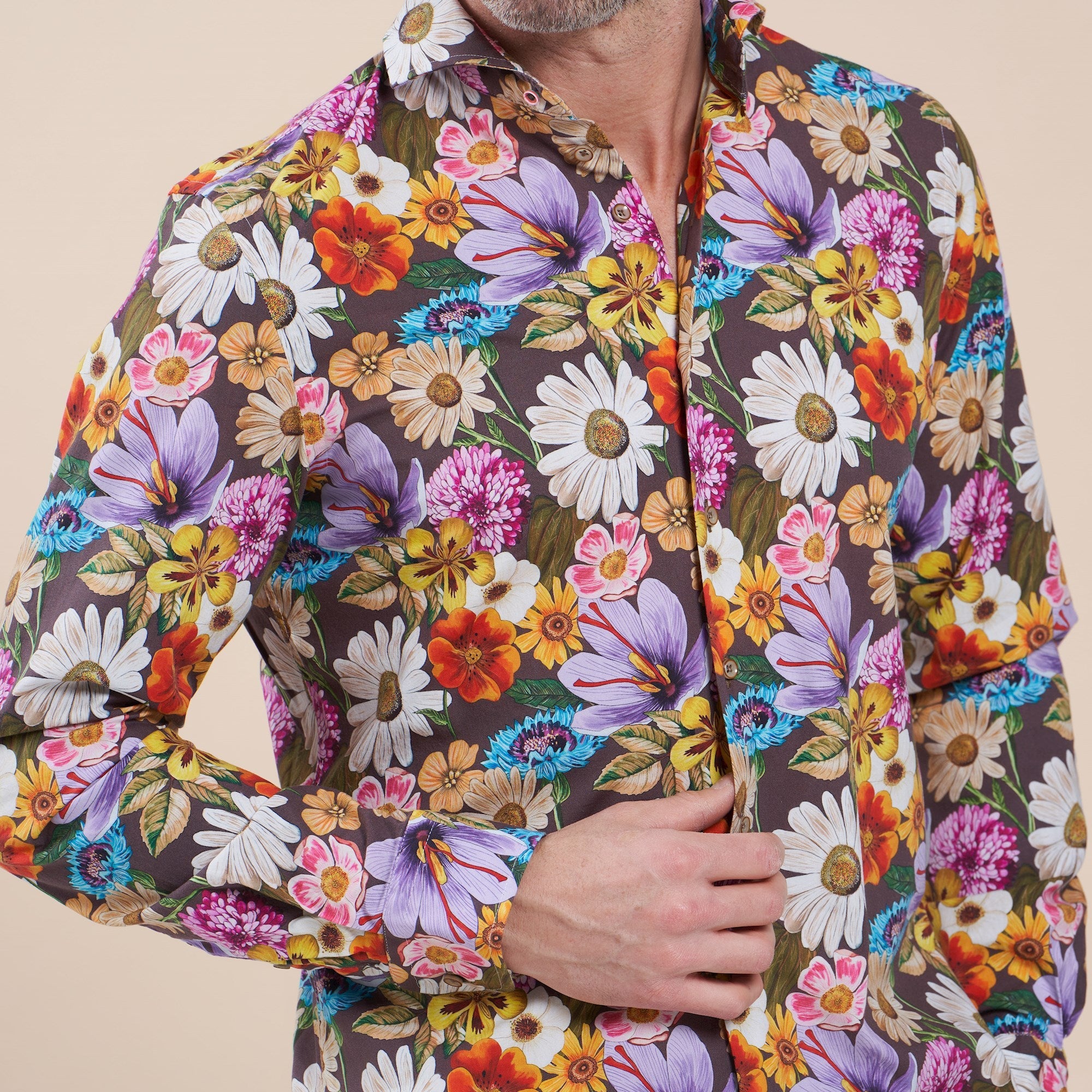 Brand Partner,R2 Amsterdam, R2 Amsterdam Brown With Colorful Flower Print Long Sleeve Button Up Shirt, Brown, Small-42-TagS