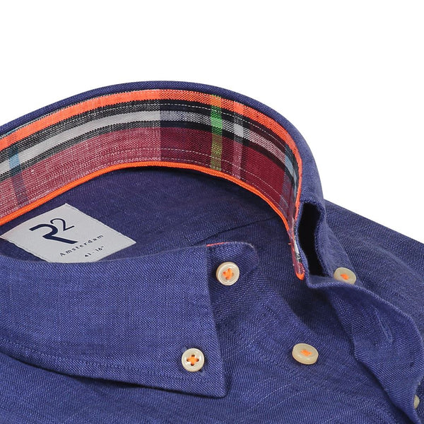 R2 Amsterdam Dark Blue Linen Long Sleeve Button Up Shirt With Contrast Collar And Cuff Detail