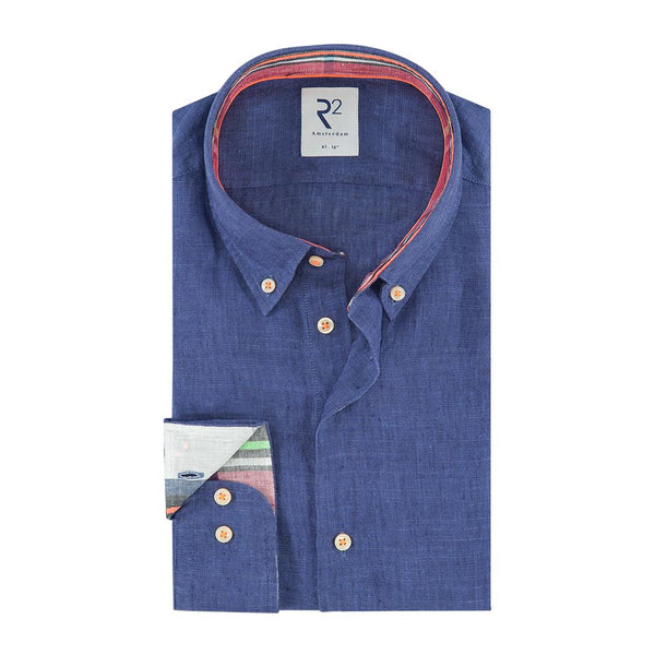 R2 Amsterdam Dark Blue Linen Long Sleeve Button Up Shirt With Contrast Collar And Cuff Detail