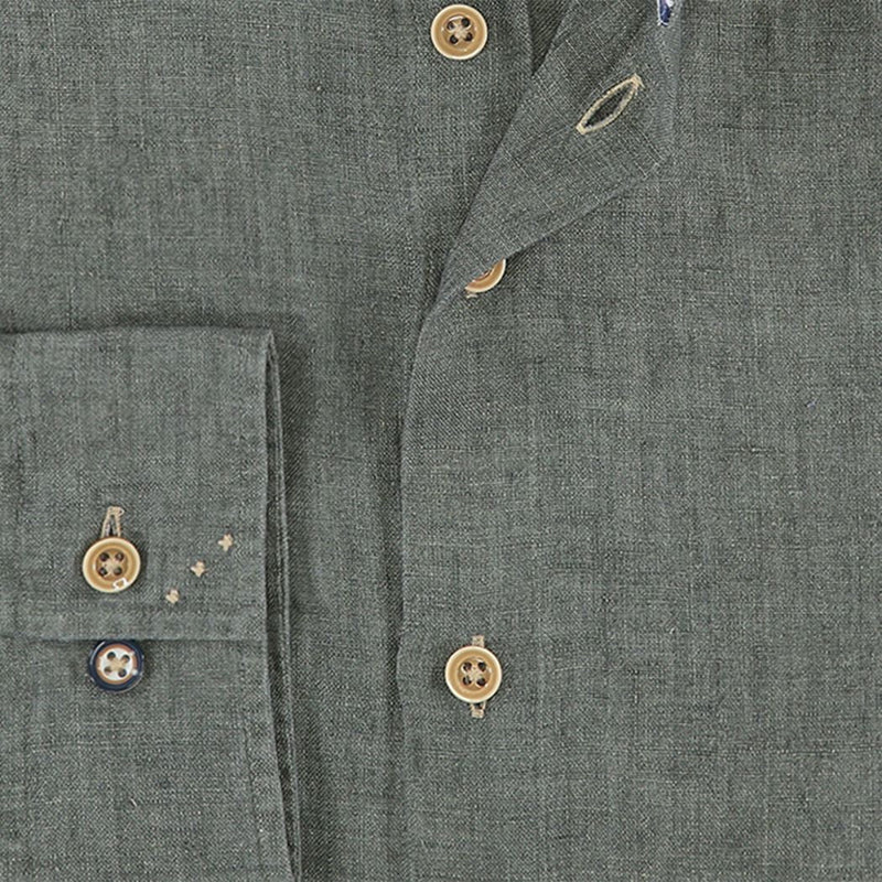 R2 Amsterdam Dark Olive Green Linen Long Sleeve Button Up Shirt