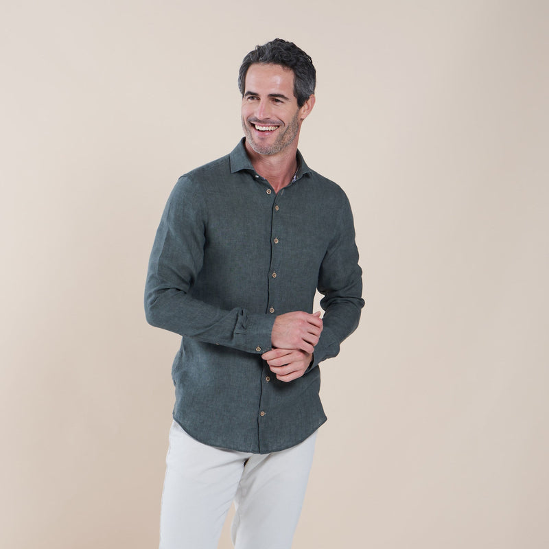 R2 Amsterdam Dark Olive Green Linen Long Sleeve Button Up Shirt