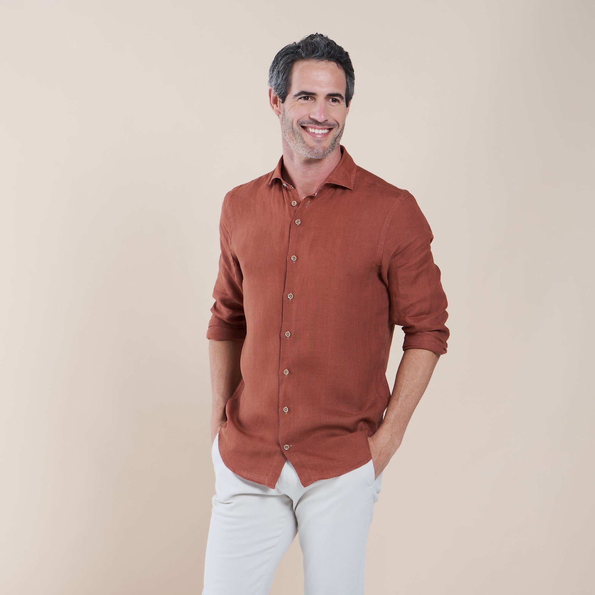 Brand Partner,R2 Amsterdam, R2 Amsterdam Dark Orange Linen Long Sleeve Button Up Shirt, Orange, Extra Extra Large-54-TagXXL