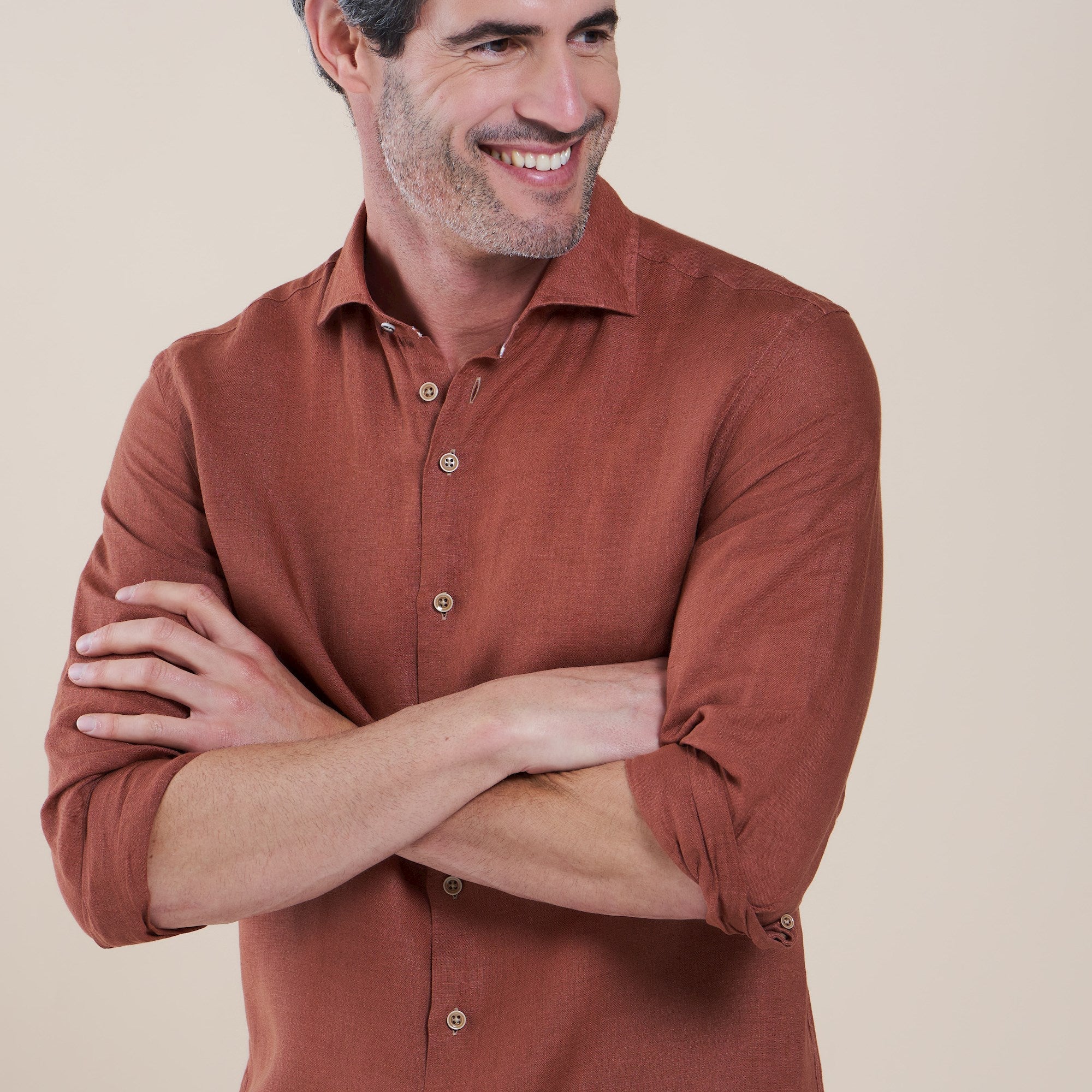 Brand Partner,R2 Amsterdam, R2 Amsterdam Dark Orange Linen Long Sleeve Button Up Shirt, Orange, Extra Extra Large-54-TagXXL