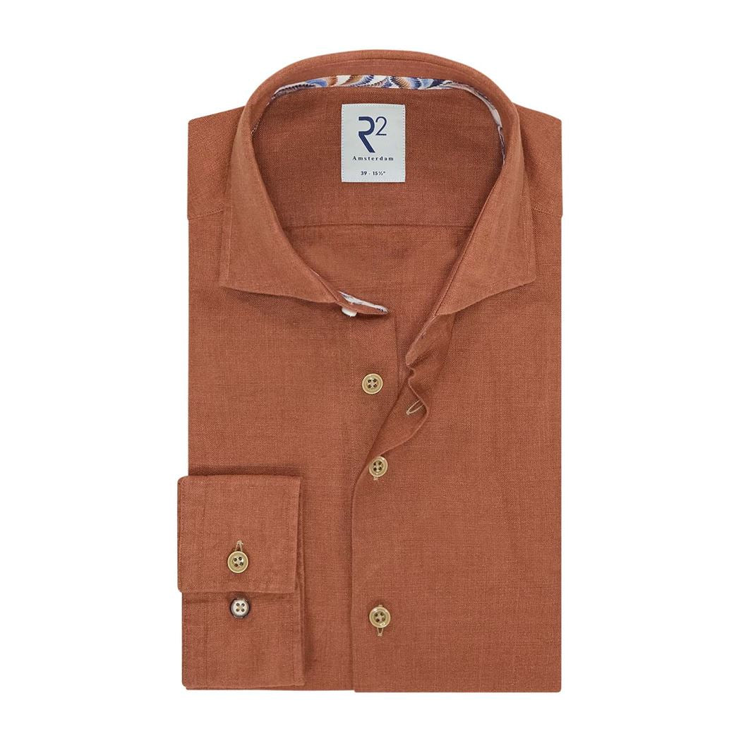 Brand Partner,R2 Amsterdam, R2 Amsterdam Dark Orange Linen Long Sleeve Button Up Shirt, Orange, Extra Extra Large-54-TagXXL